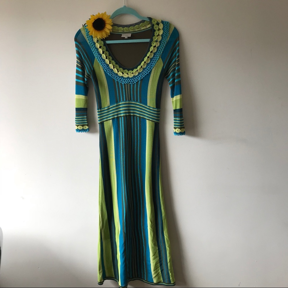 Green Blue Brown Floral Stripe Knit Crochet Dress